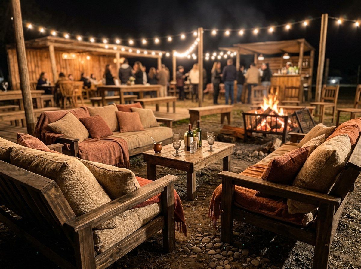 Sillones de madera rústicos con almohadones para el sector chill out